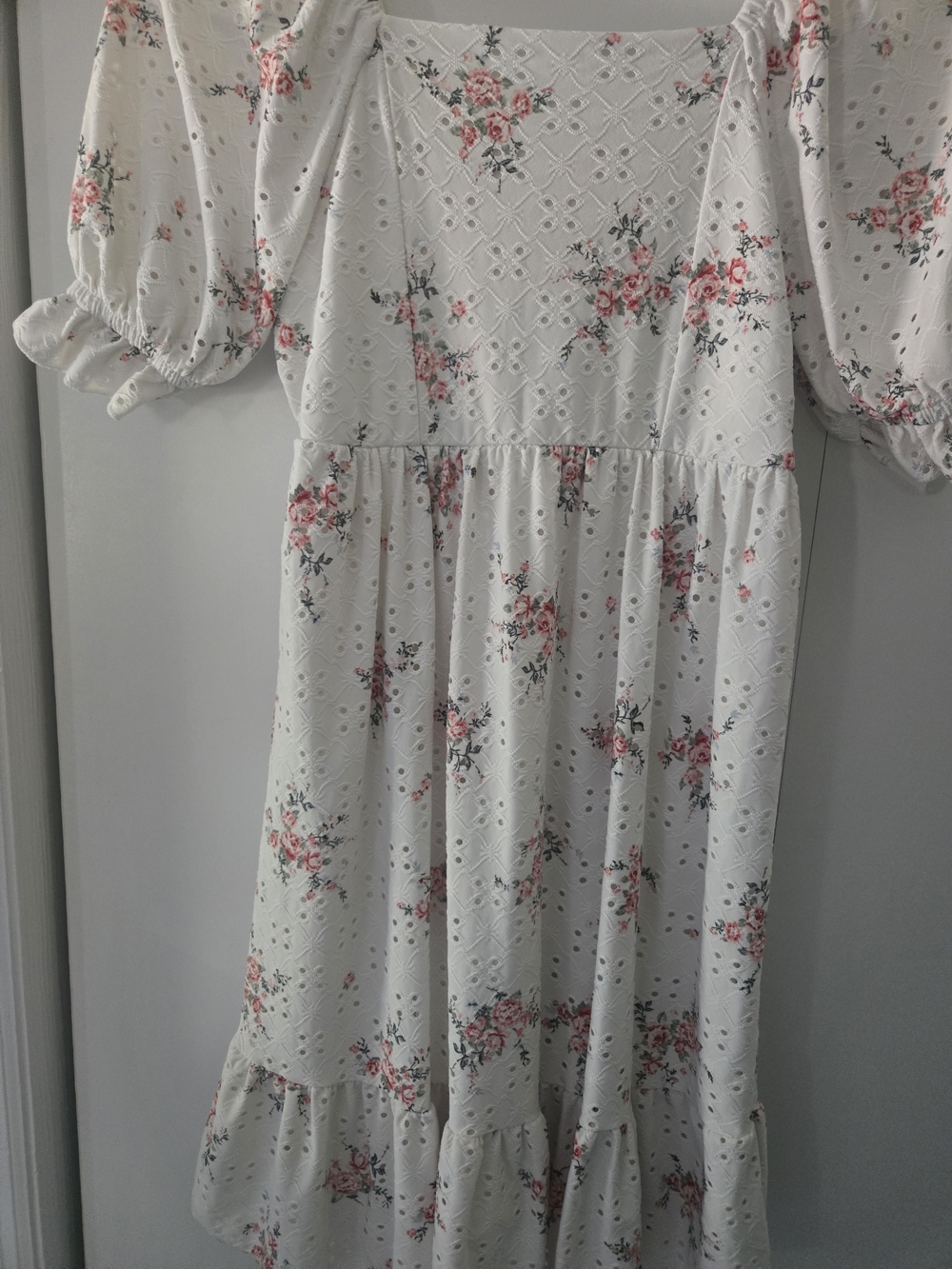 Beautees White Floral Puff Sleeve Dress with Pink Accents - Picture 3 of 9